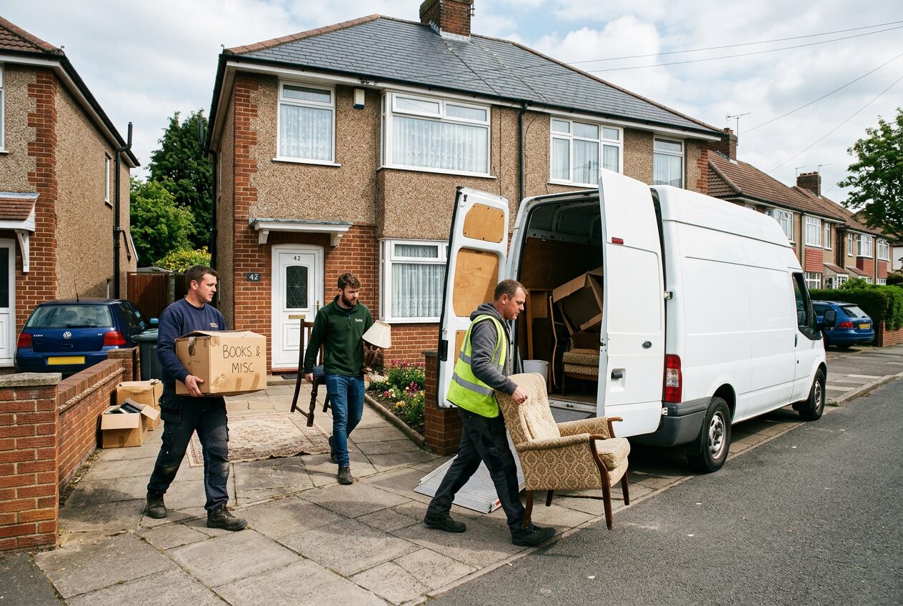 Clearance team loading items into a van outside a house