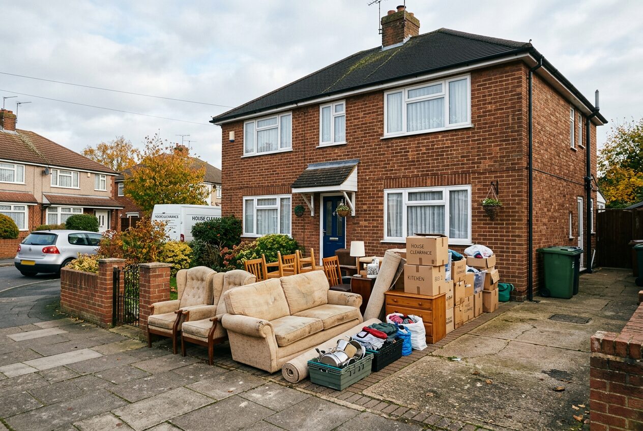 Furniture set out in a driveway during a clearance