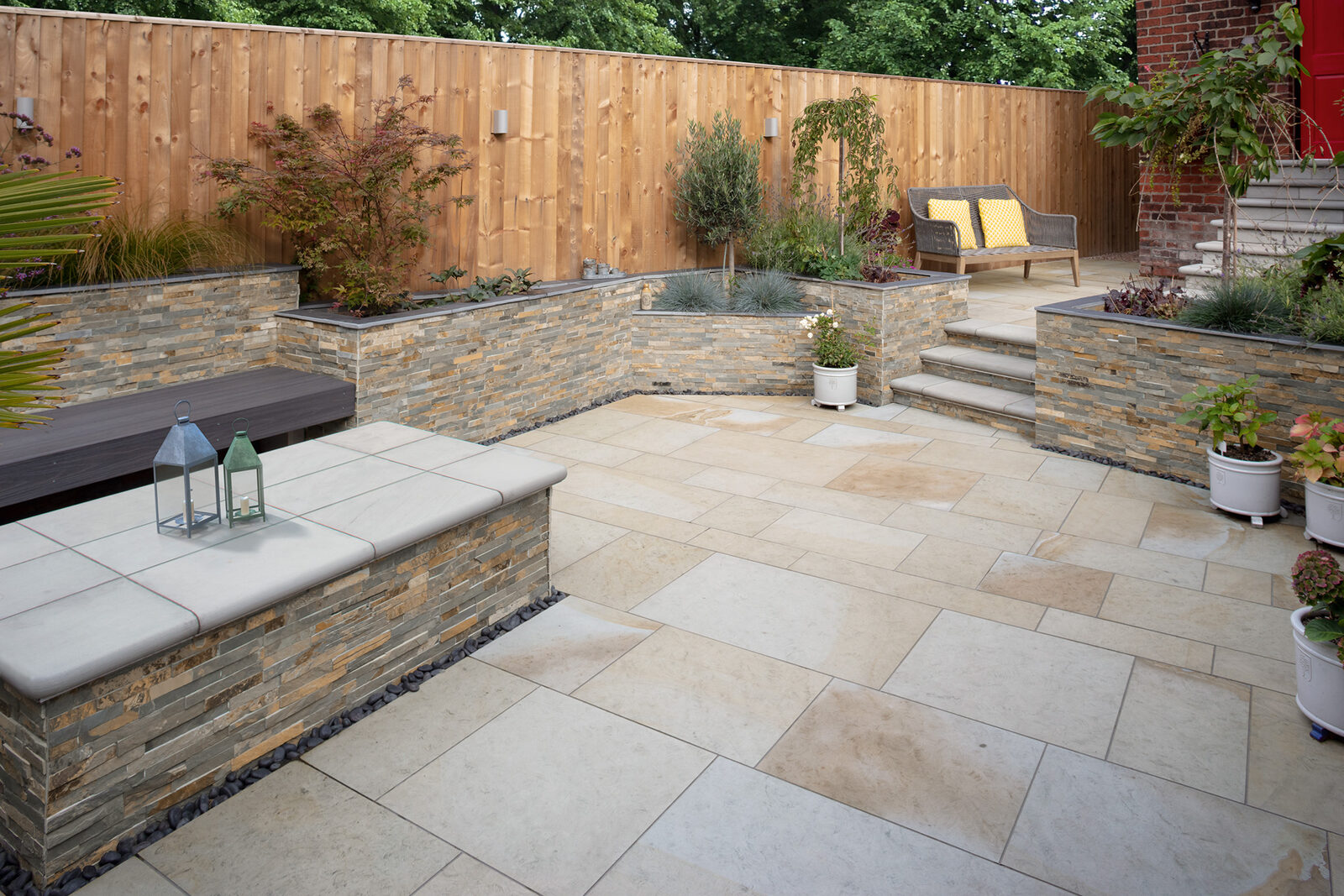Natural stone patio in a British back garden