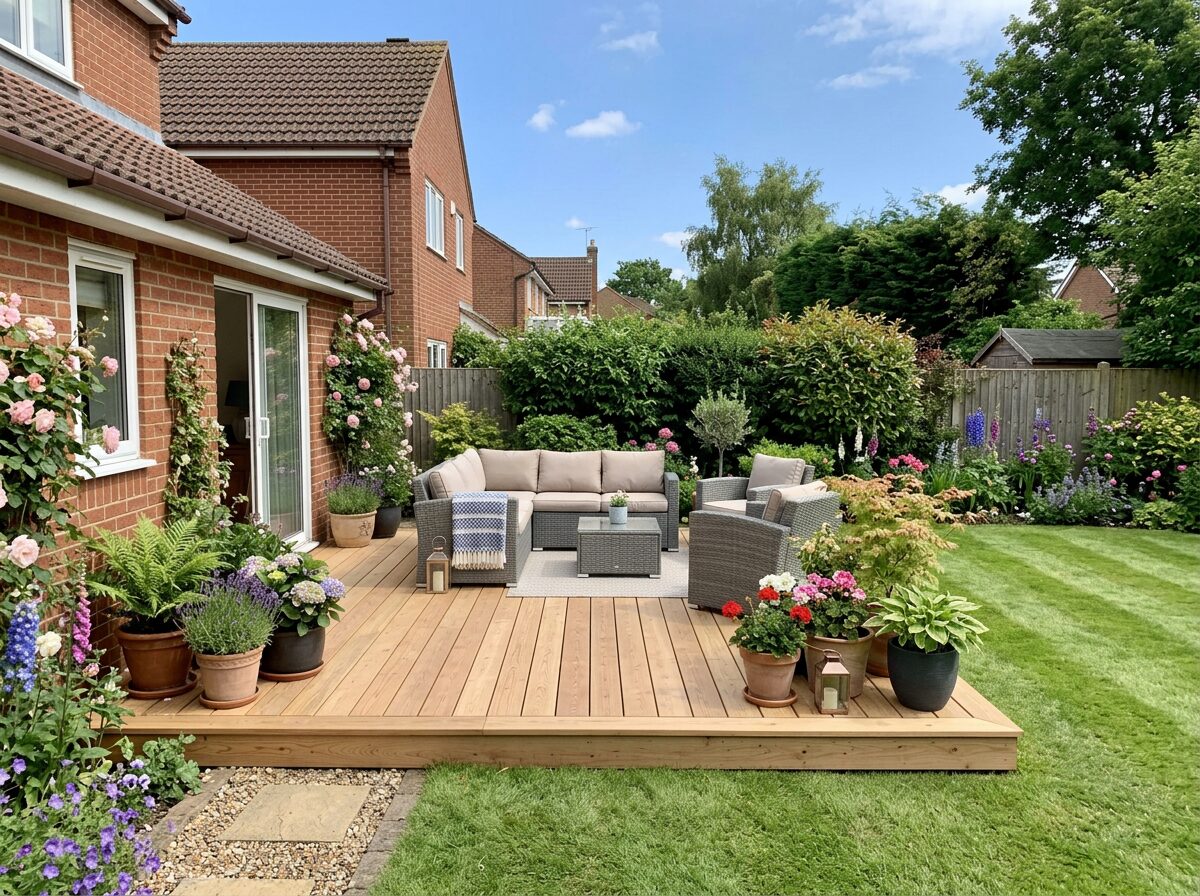 New timber decking area in a tidy UK garden