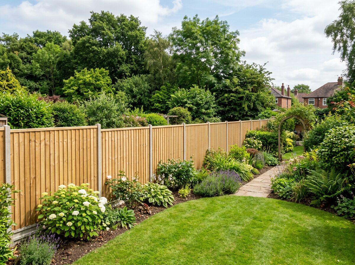 New wooden panel garden fence beside a neat lawn