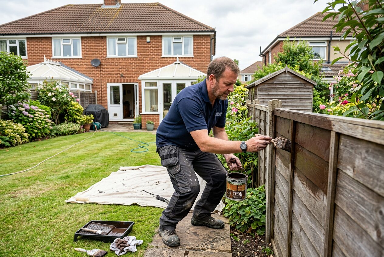 Tradesman painting a garden fence during property maintenance