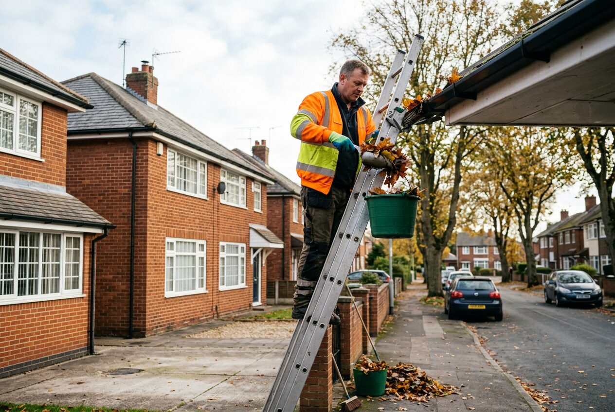Clearing leaves from gutters using a ladder