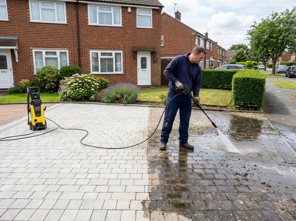Pressure washing a block-paved UK driveway
