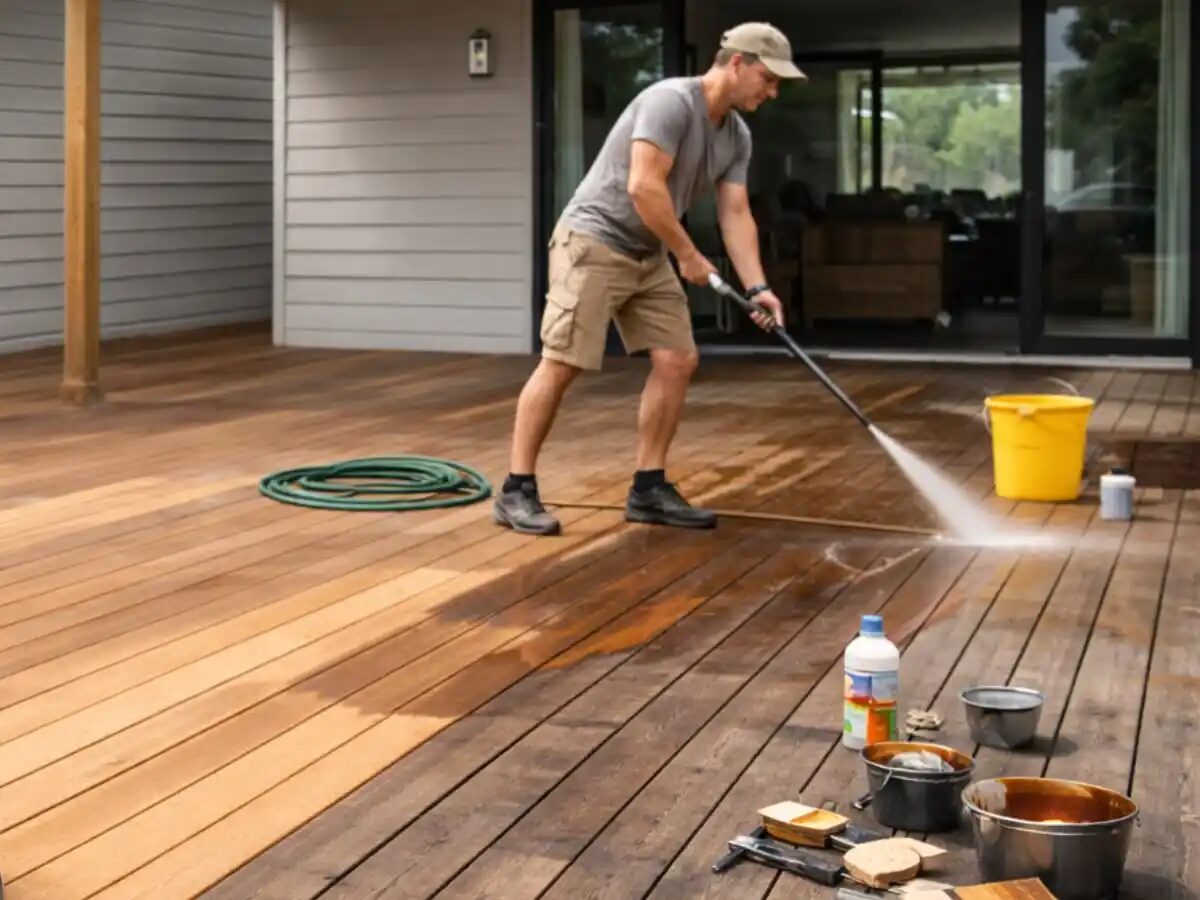 Pressure washing timber decking