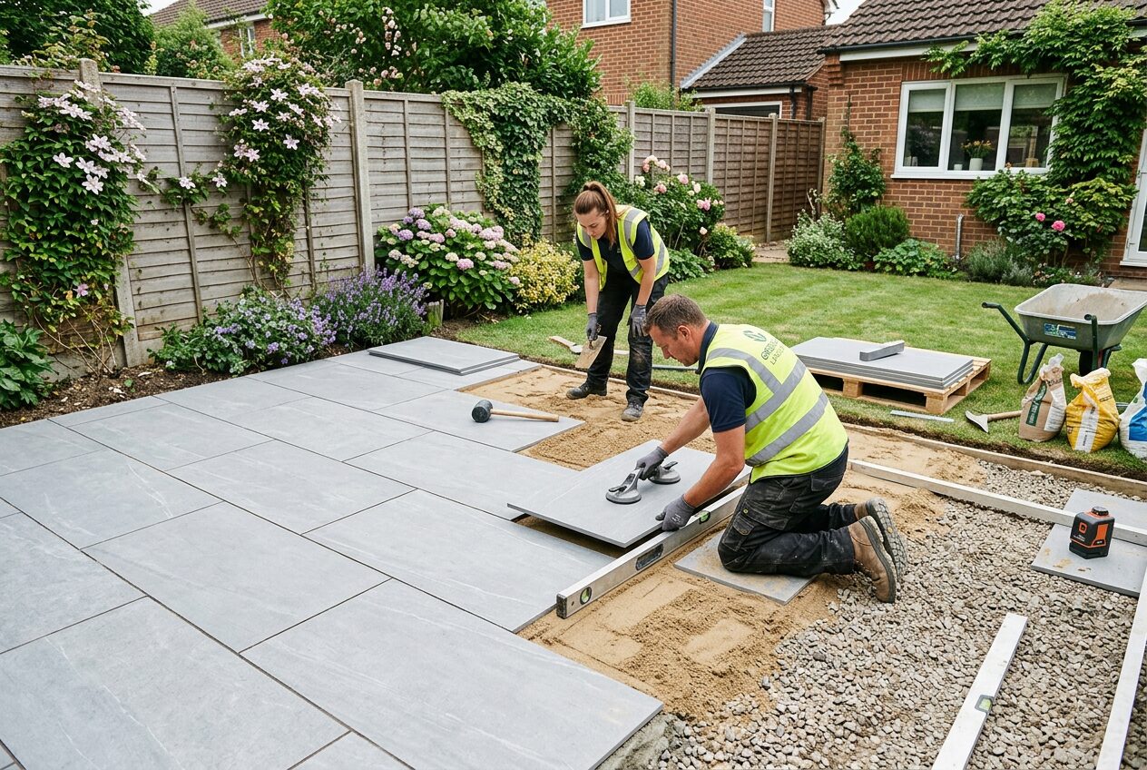 Landscapers laying paving slabs for a new patio