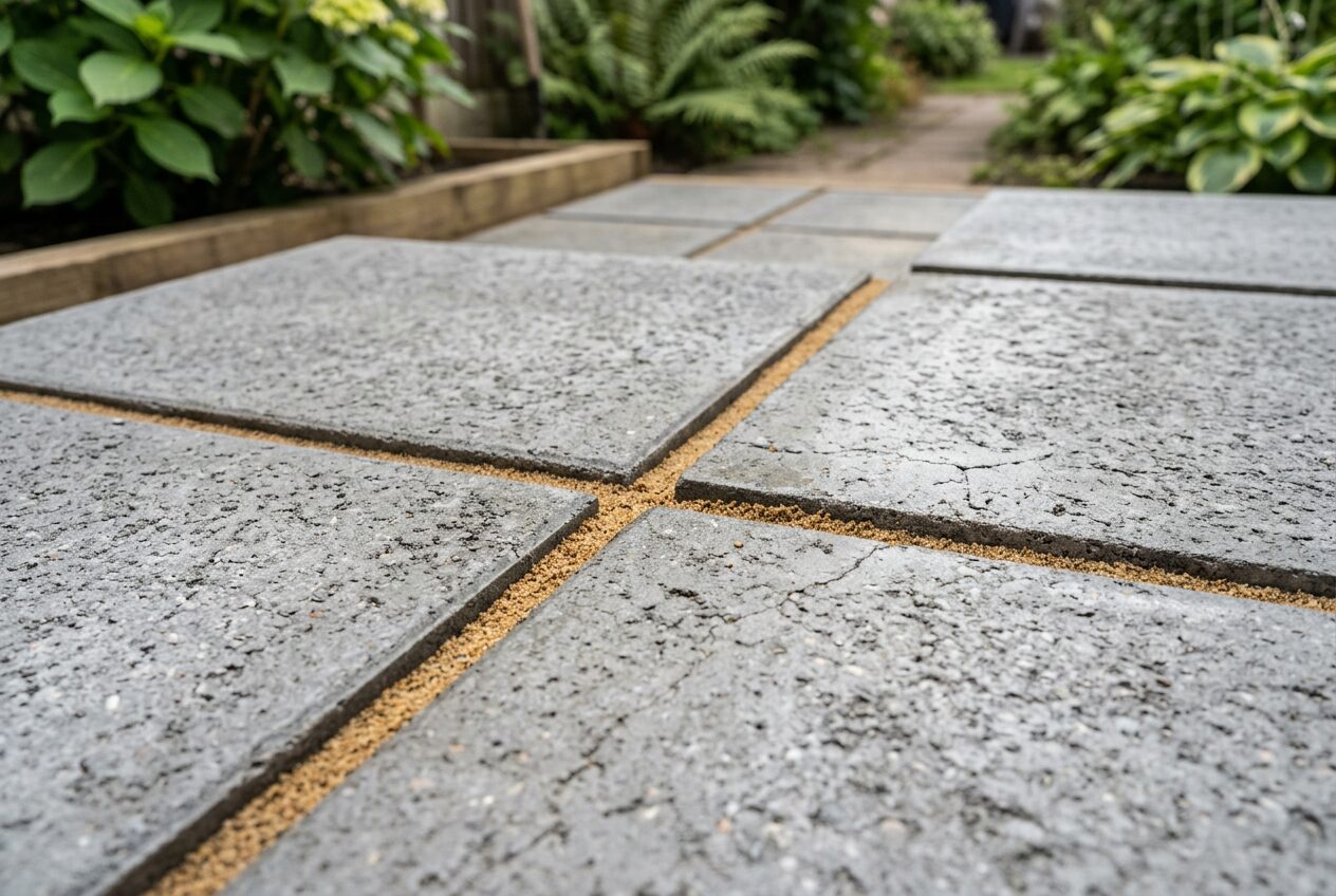 Close-up of neatly pointed patio slab joints