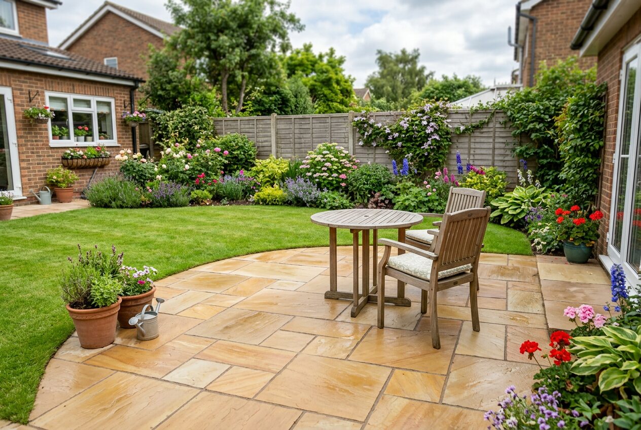 Sandstone patio with garden furniture in a UK garden