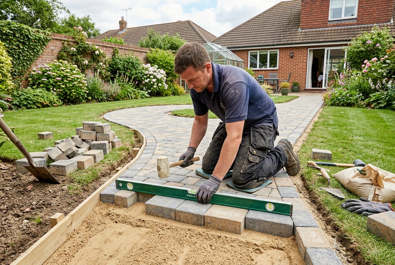 New paved pathway being laid through a garden