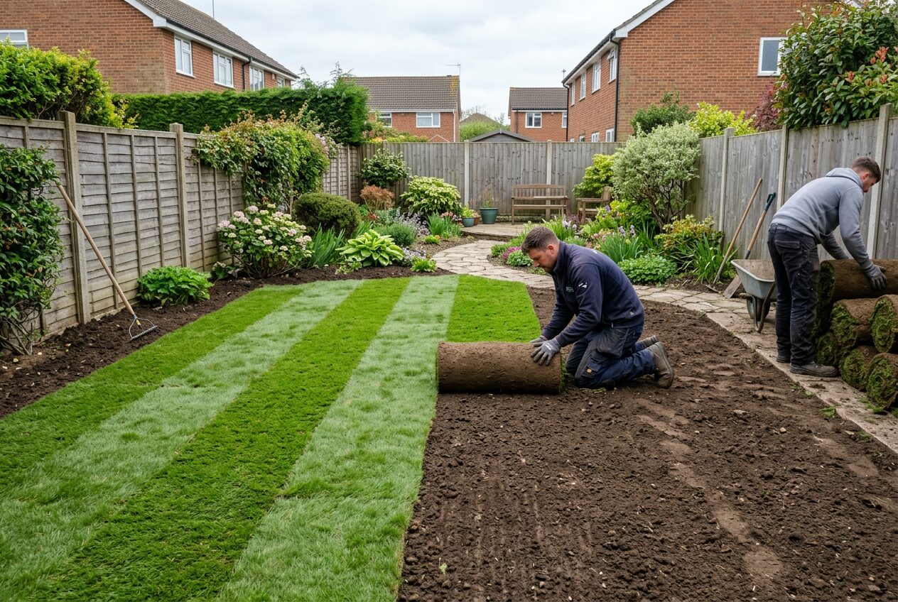 Fresh rolls of turf being laid to create a new lawn