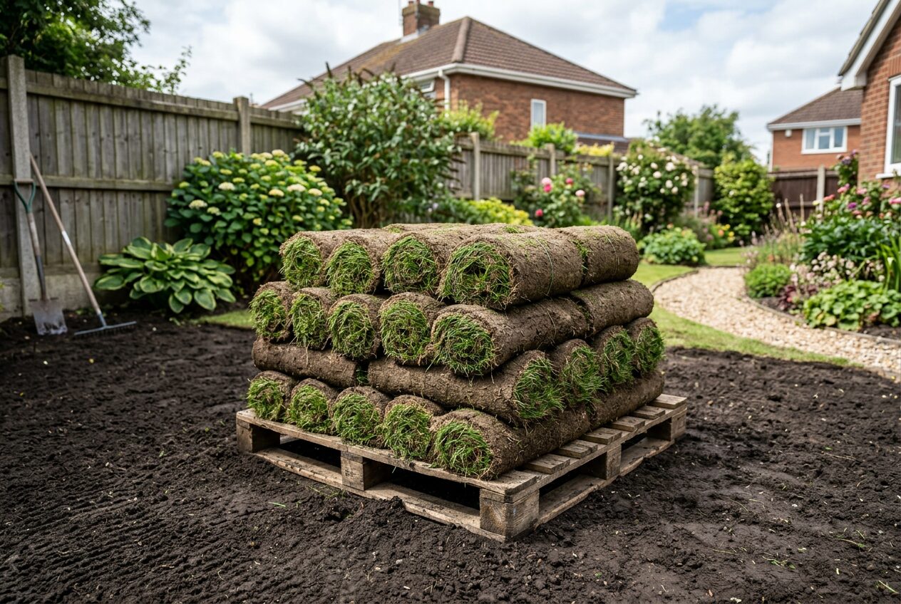 Stack of fresh turf rolls ready to lay
