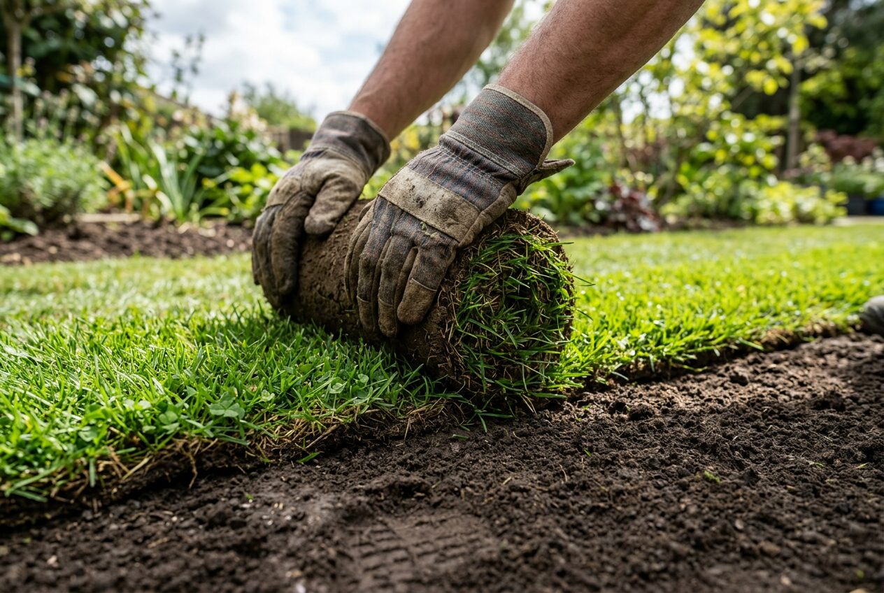 Hands unrolling a strip of turf onto prepared soil